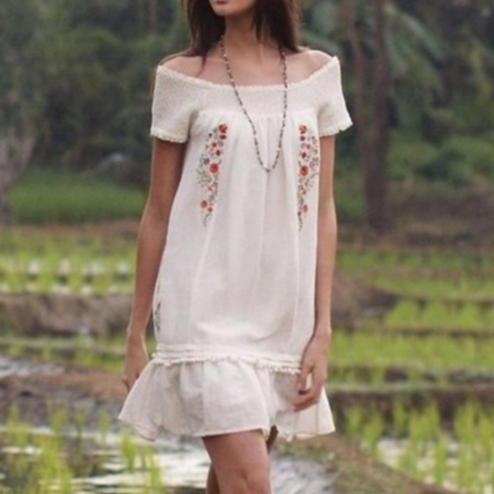 White Off the Shoulder Dress with Floral Detail